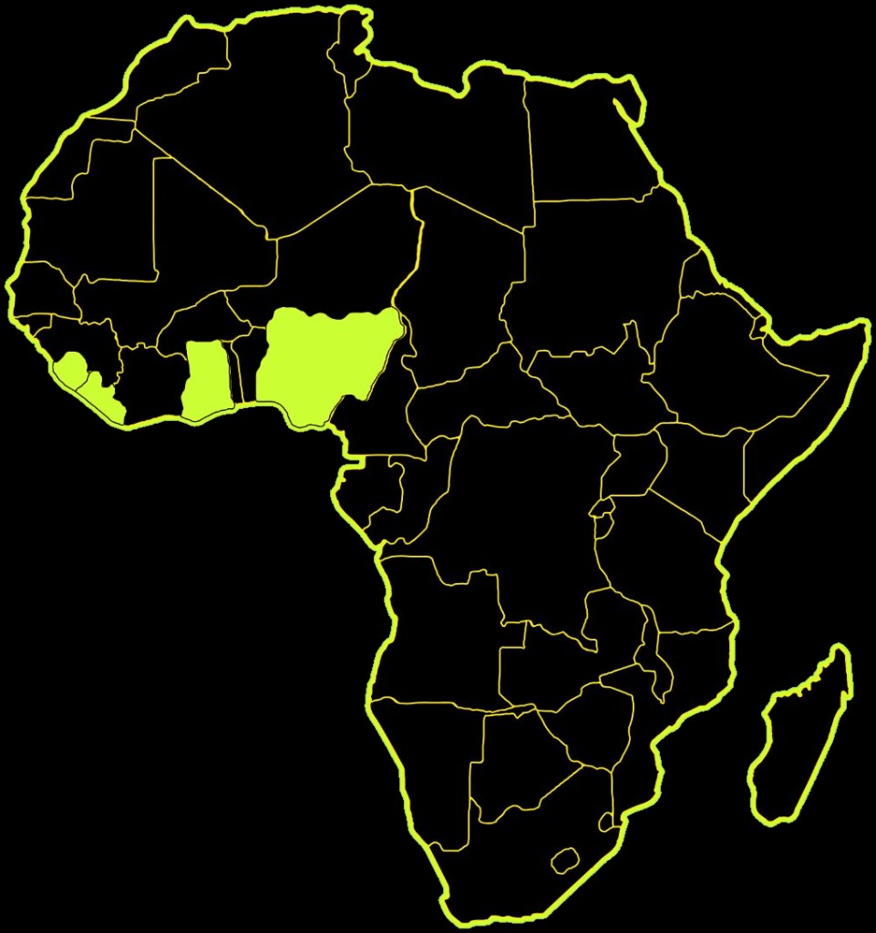 Map of Africa — gold country outlines with lime-filled West African markets