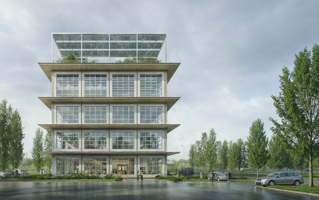 Hann headquarters — modern building with rooftop greenery, wet forecourt, and wind turbine in the distance